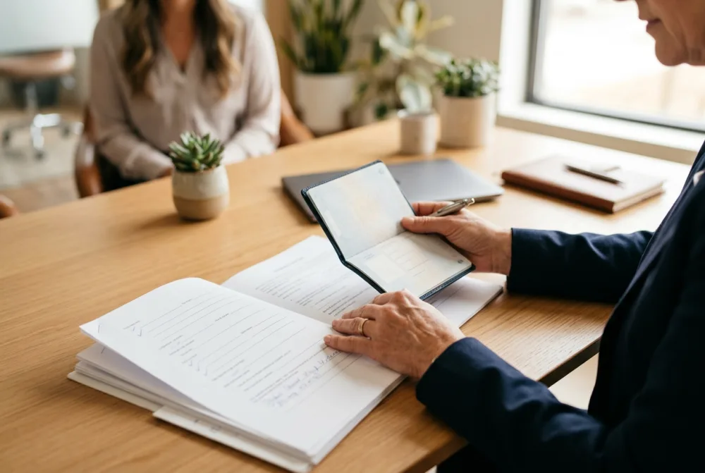 A person reviewing documents at a desk